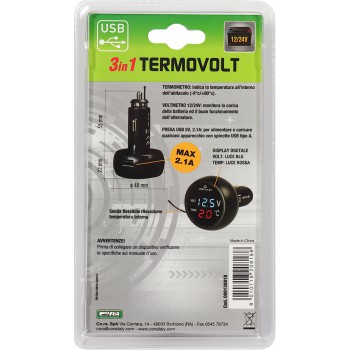 3 IN 1 TERMOVOLT VOLTMETRO TERMOMETRO PRESA USB 2,1A