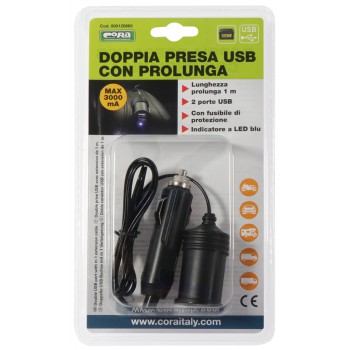 DOPPIA PRESA USB CON LED CON PROLUNGA 1M 12/24V